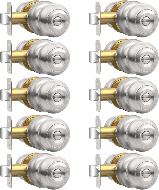 Brushed Nickel Privacy Door Knob Set - Keyless Interior Locks for Bedroom & Bathroom (6 Pack)