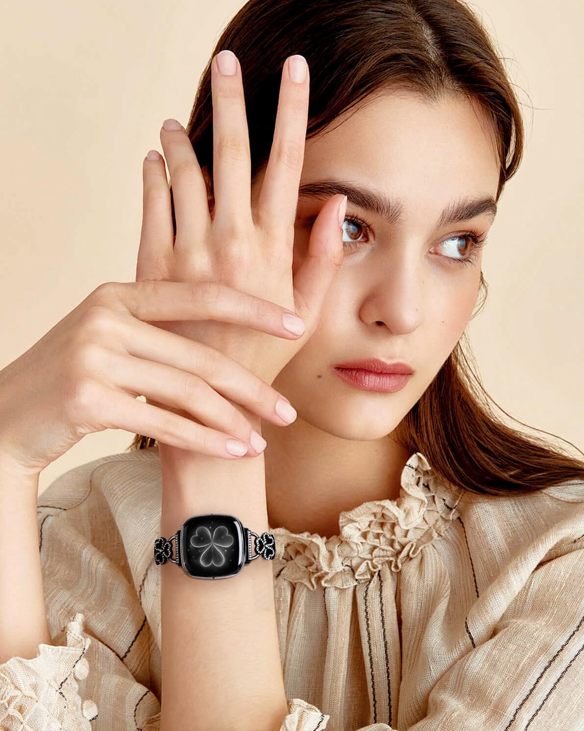 Leather Bands Compatible with Fitbit Versa 4/Fitbit Versa 3 /Fitbit Sense/Sense 2 Bands for Women, Bling Slim Leather Strap with Designer Three Hearts Design Buckle Strap for Fitbit Versa 4 Band (Black/Black)