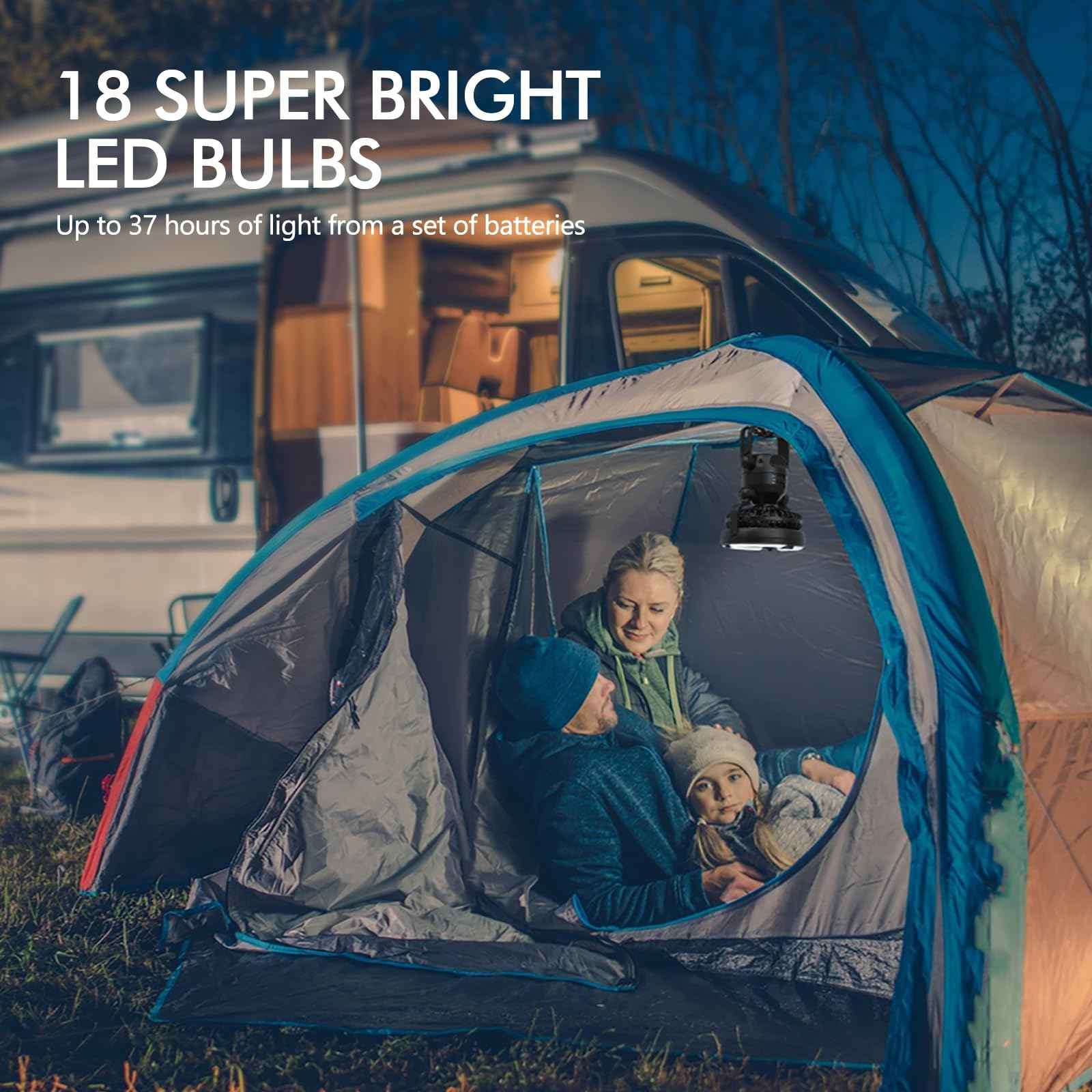 SZJUANWANG Portable Camping Light with Ceiling Fan, Tent LED Light Fan with Hanging Hook, 3 Speed Strong Airflow, Camping Lantern Fan, Cooling for Bed Camping Hiking Hurricane Emergency