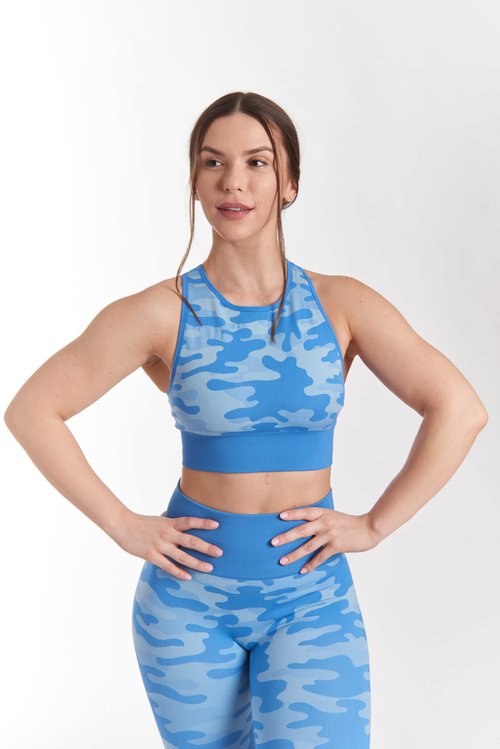 MAXXIM Workout Sets 2 Piece Outfits Womens Seamless Sport Bra High Waisted Leggings for Yoga Running Gym Camo Blue Small