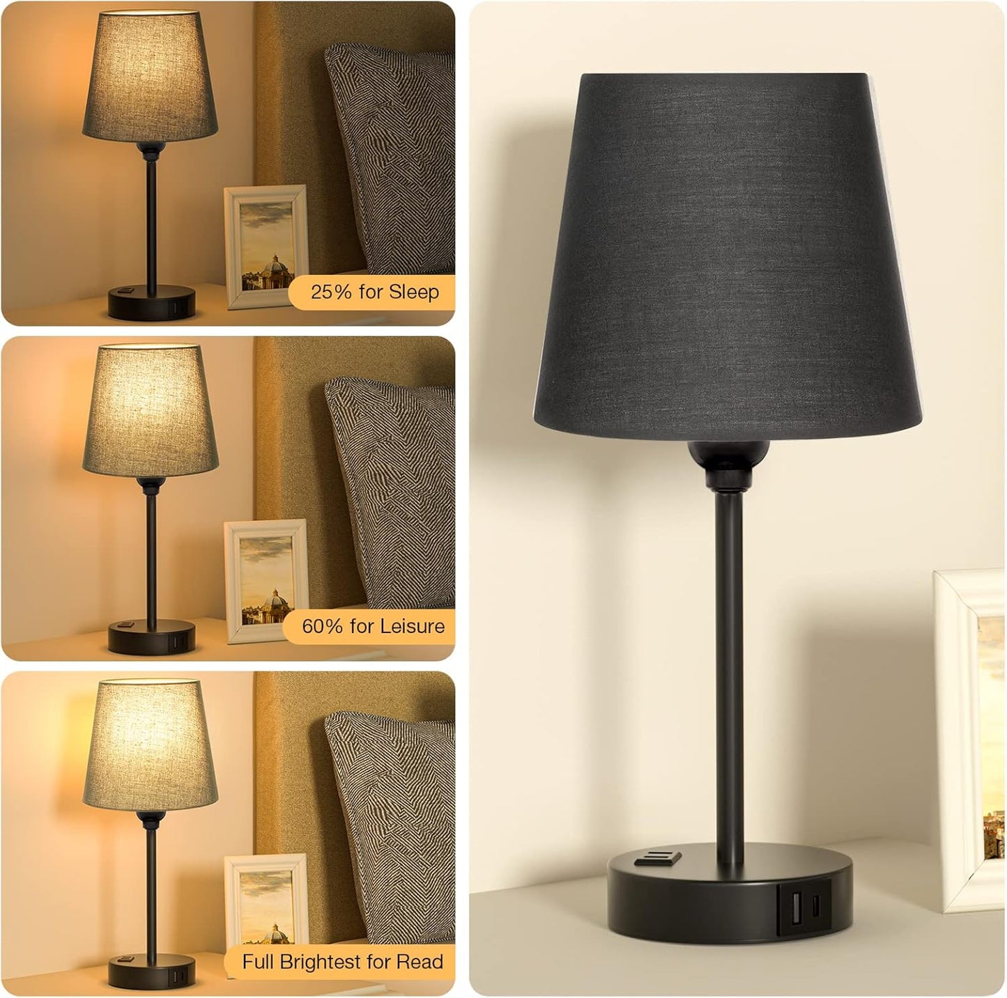 Set of 2 Mini Bedside Lamps with USB-C & AC Outlet - Dimmable Touch Nightstand Lights for Bedrooms