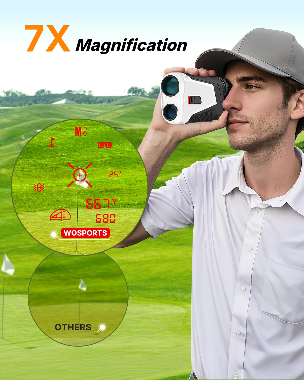 WOSPORTS Red OLED Display Golf Rangefinder with Slope, Ultra-Clear 1200 Yards 7X Magnification Laser Range Finder, Magnetic/Flag Pole Locking Vibration