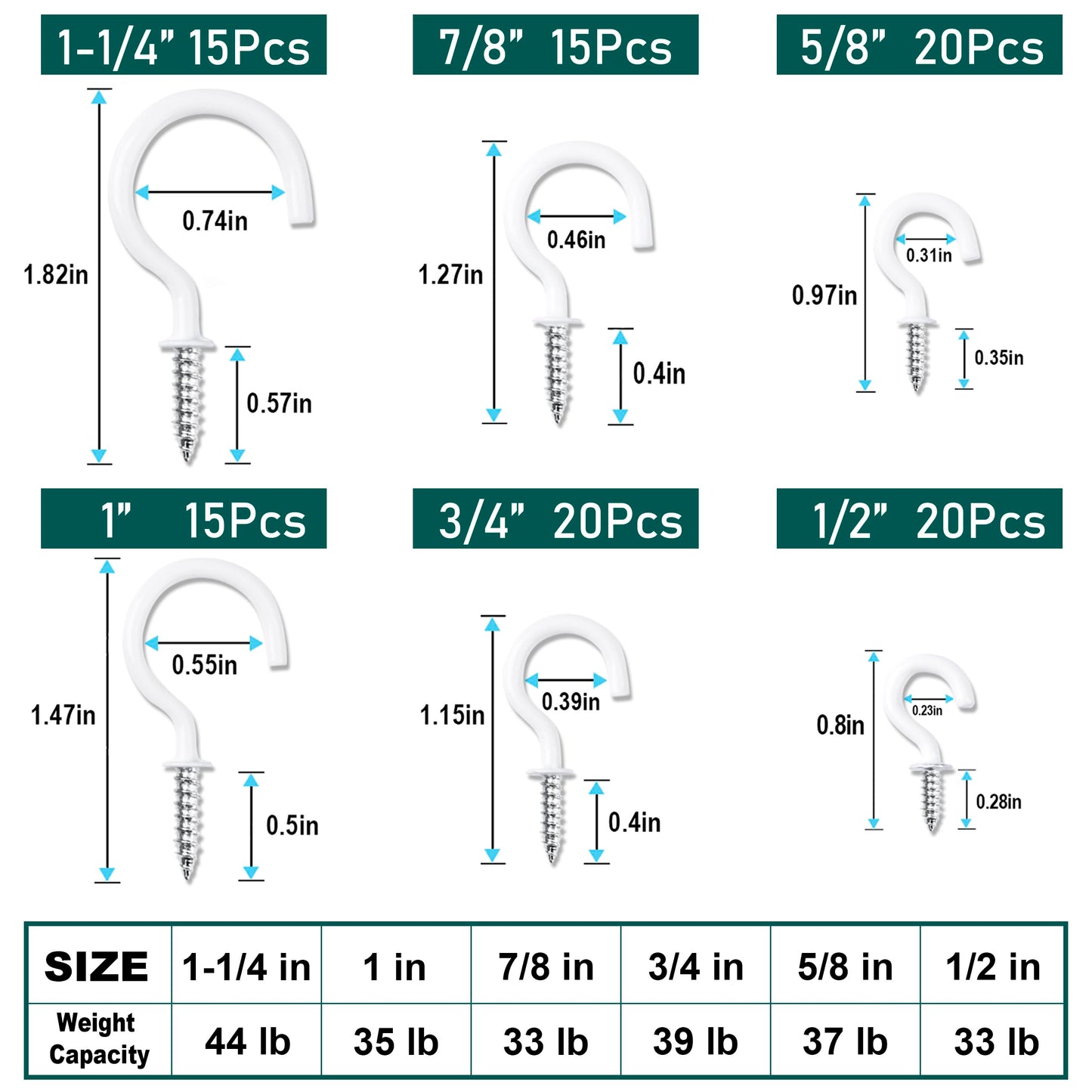 EIENHOSHI 105 Pcs Screw Hooks, 6 Sizes White Cup Hooks, Screw in Hooks for Hanging, Metal Cup Hook Screw in (1/2", 5/8", 3/4", 7/8", 1'', 1-1/4")