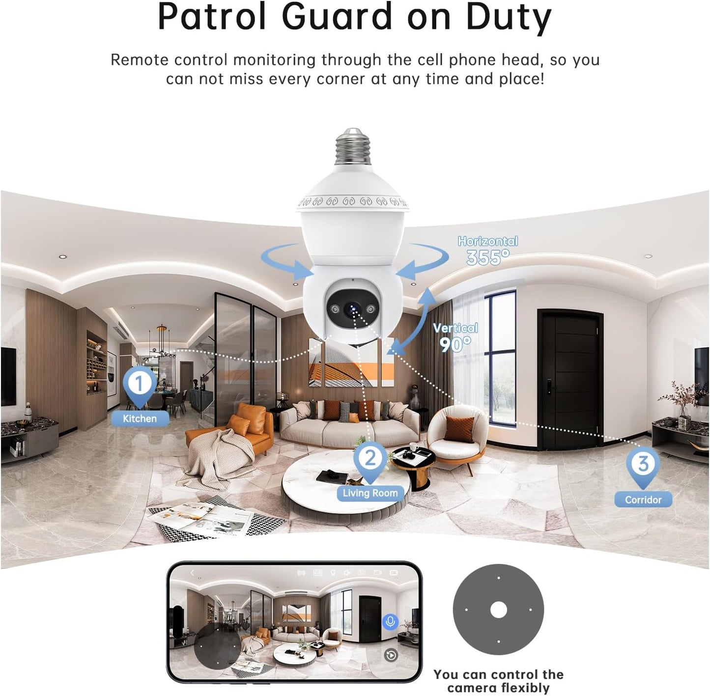 360° PTZ Light Bulb Camera - 3MP WiFi Security Camera with Night Vision & AI Detection