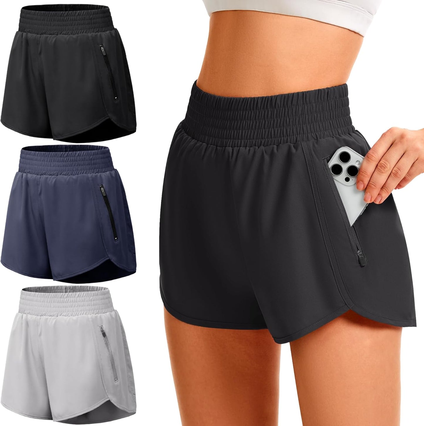 TVKSOM Women's High-Waisted Athletic Workout Shorts - Zipper Pockets for Gym & Running