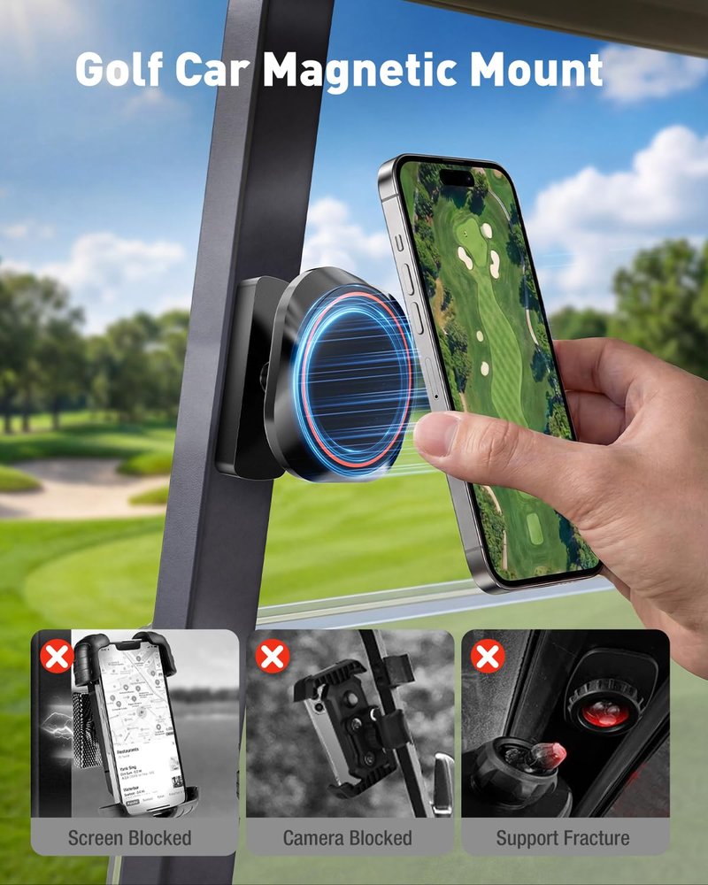 NEVERLAND Magnetic Golf Cart Phone Holder - 360° Rotation Golf Cart Phone Mount Compatible with MagSafe iPhone and Android, Golf Cart Accessories Gifts for Men Women Golfers