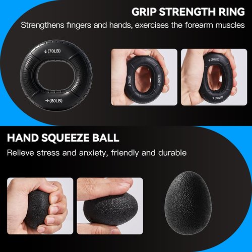 7PCS Grip Strength Trainer Kit, 2 Adjustable Forearm Resistance Grips, Finger Stretchers, Grip Ring, Hand Squeeze Ball, Finger Exercises, User Manual, Suitable for Hand Training, Suitable for Everyone
