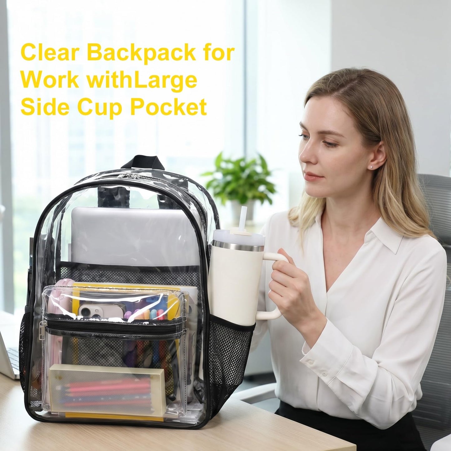 BTOOP Clear Backpack for Women Men, Large 16.5-Inch Transparent School Backpack with 6 Pockets and 40 oz Tumbler Holder, Black Trim for College, Work and Travel