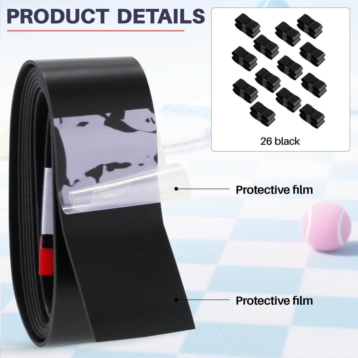 Mindow 26 Pack Black Tennis Racket Grip Tape, Precut Overgrips for Anti-Slip Sweat Absorption, PU Tennis Overgrip Wrap for Tennis, Badminton Pickleball, Velvety Comfort Enhanced Control