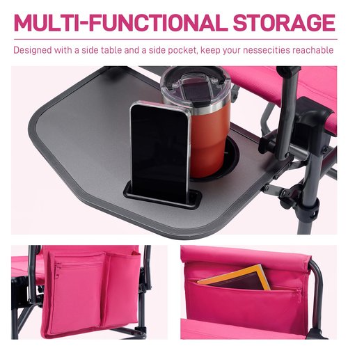 EVER ADVANCED Camping Directors' Chair with Side Table, Portable Folding with Compact Size, Heavy Duty Lawn Chair with Pocket for Camping, Lawn, Sports and Fishing, 400lbs, Pink