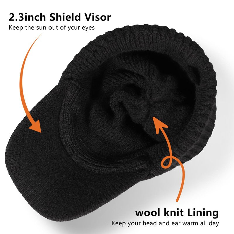 SEEK SURE Men's Winter Hat with Visor Warm Double Woolen Women Ribbed Knit Hat Cuff Beanie Cap with Brim for Cold Weather, L/XL Black