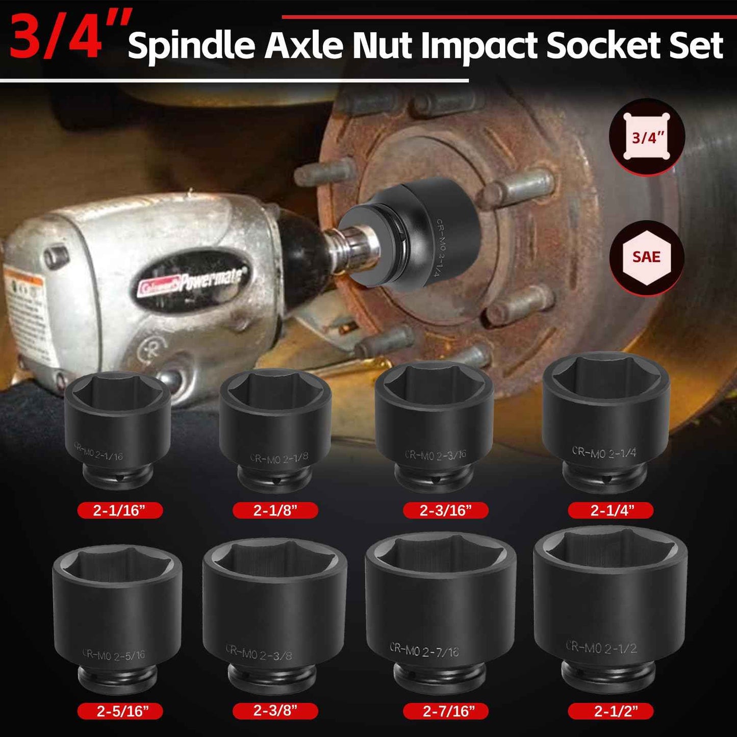3/4" Drive Spindle Axle Nut Impact Socket Set, 6 Point Large Socket Set, CR-MO, 2-1/16" to 2-1/2", Heavy Duty Impact Socket Set Use In Removing And Installing Axle Nuts