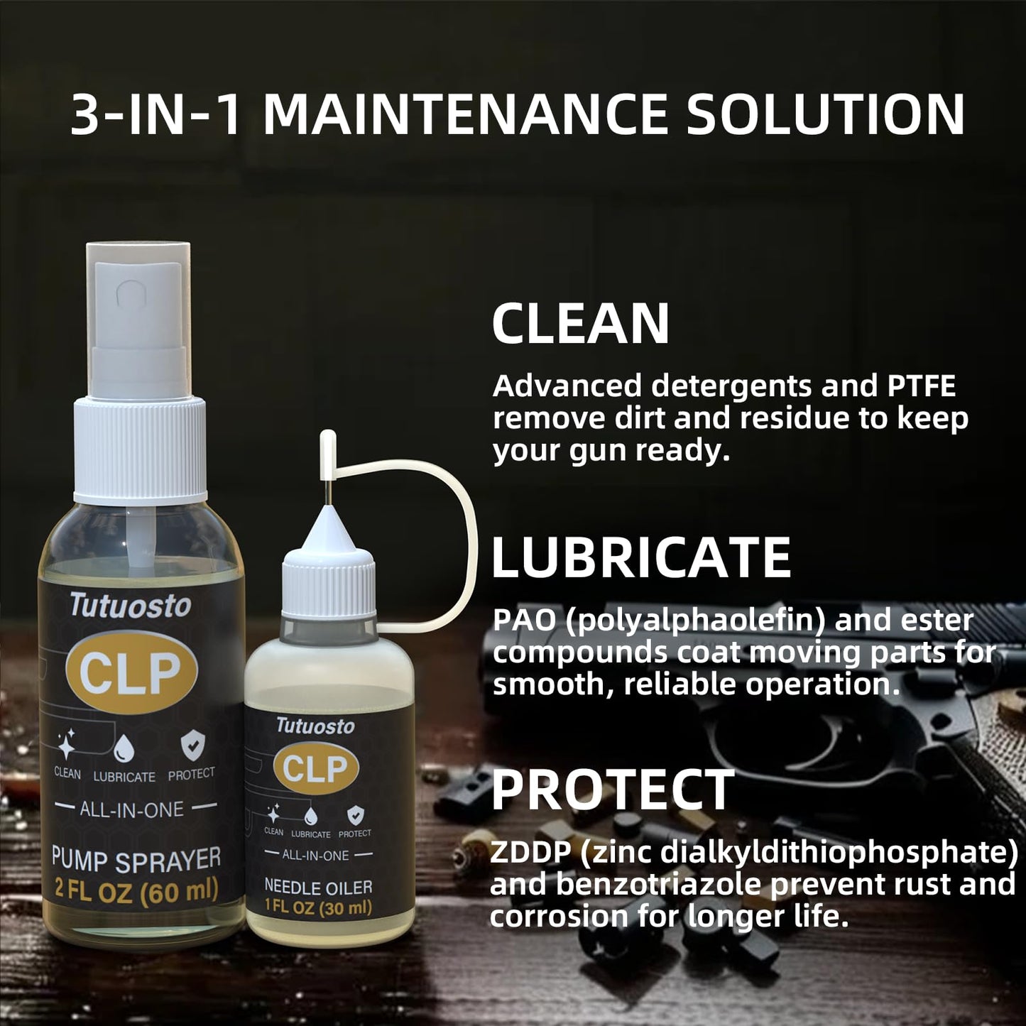 Tutuosto Gun Oil 2 oz & 1 oz Needle Oiler Gun Lubricant, Multi-Purpose Gun Oil and Cleaner – CLP Gun Oil Lubricating Kit, Cleaing, Lubricant, and Protector, Suitable for Most Types of Guns