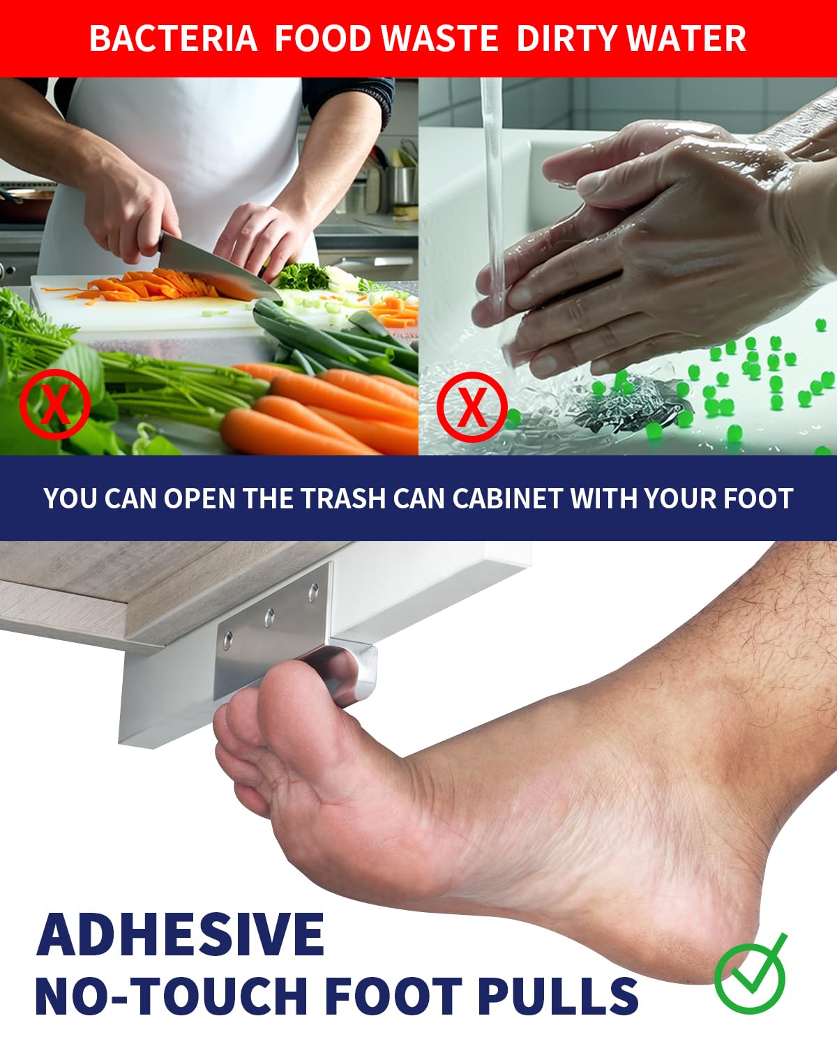 BaiNong Adhesive Touchless Foot Pulls for Cabinet Trash Can Silvery 4'' Touchless Hands Free Trash Opener for Overlay Kitchen Cabinet Door Bins