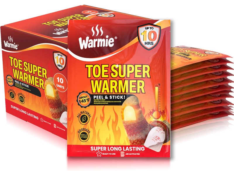 Warmie Super Toe Warmers with Adhesive Backing | Air‑Activated, Long‑Lasting | All‑Natural, Odorless, Steady Heating for Cold Weather | Safe, Instant Warmth for Shoes & Boots | 10 Pairs (20 Units)