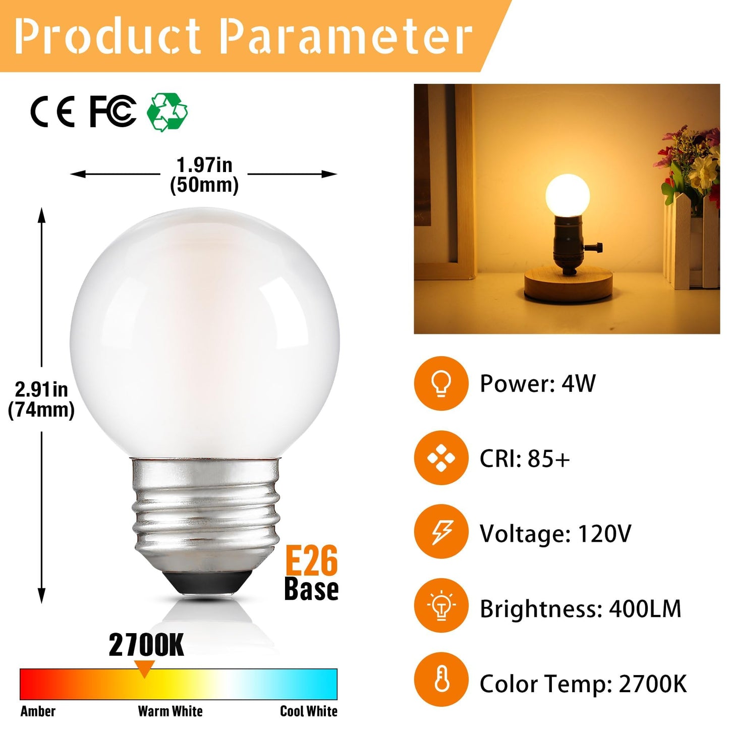 PADMO LUDAZ Dimmable E26 G16.5 LED Light Bulb 40W Equal 4W Frosted Globe Light Bulbs,Small Round Light Bulbs Type G Light Bulb for Chandelier,Pendant,Vanity,Warm White 2700K 400LM,Pack of 6