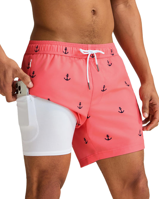 maamgic Mens Swim Trunks with Compression Liner 5 Inch, Quick Dry Bathing Suit with Zipper Pockets, Stretch No-Chafing Swim Shorts, Pink-Anchor Large