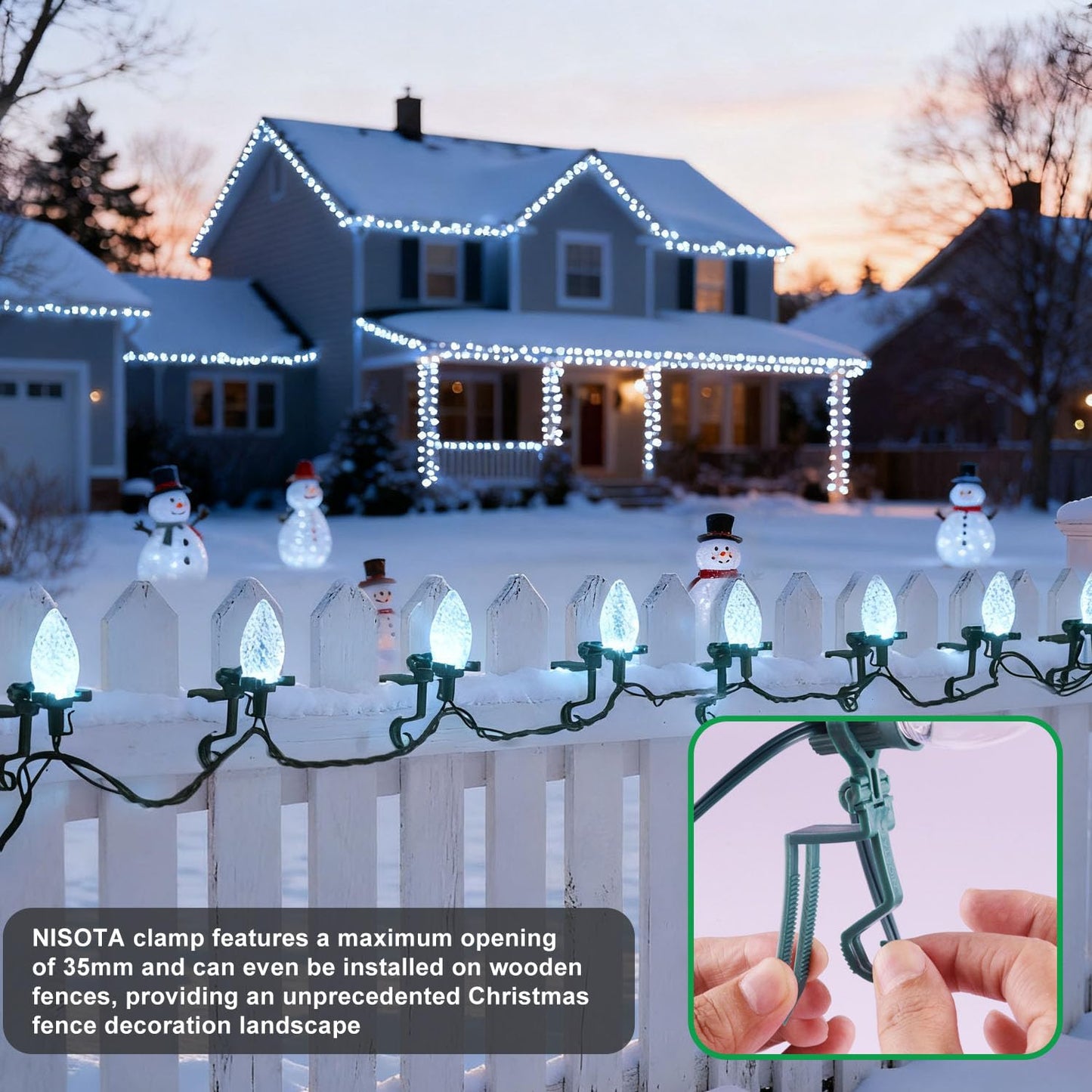 NIOSTA C9 LED Outdoor Christmas Lights,C9 String Lights with Quick Clips,for Xmas House Roof Gutter,Plug in & Connectable,66FT 100 Light,Cold White Faceted