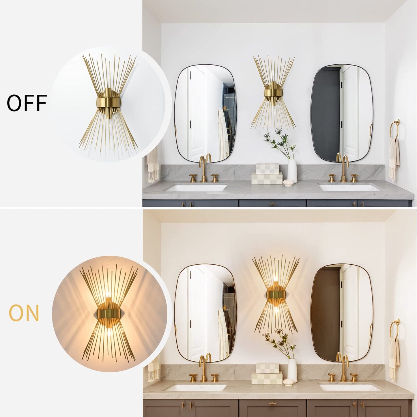 2-Light Bathroom Vanity Light, Mid-Century Modern Starburst Gold Wall Sconce, Bedside Electroplate Brass Wall Light Fixture, Wall Lamp for Powder Room Bedroom Bathroom Hallway Entryway, Set of Two