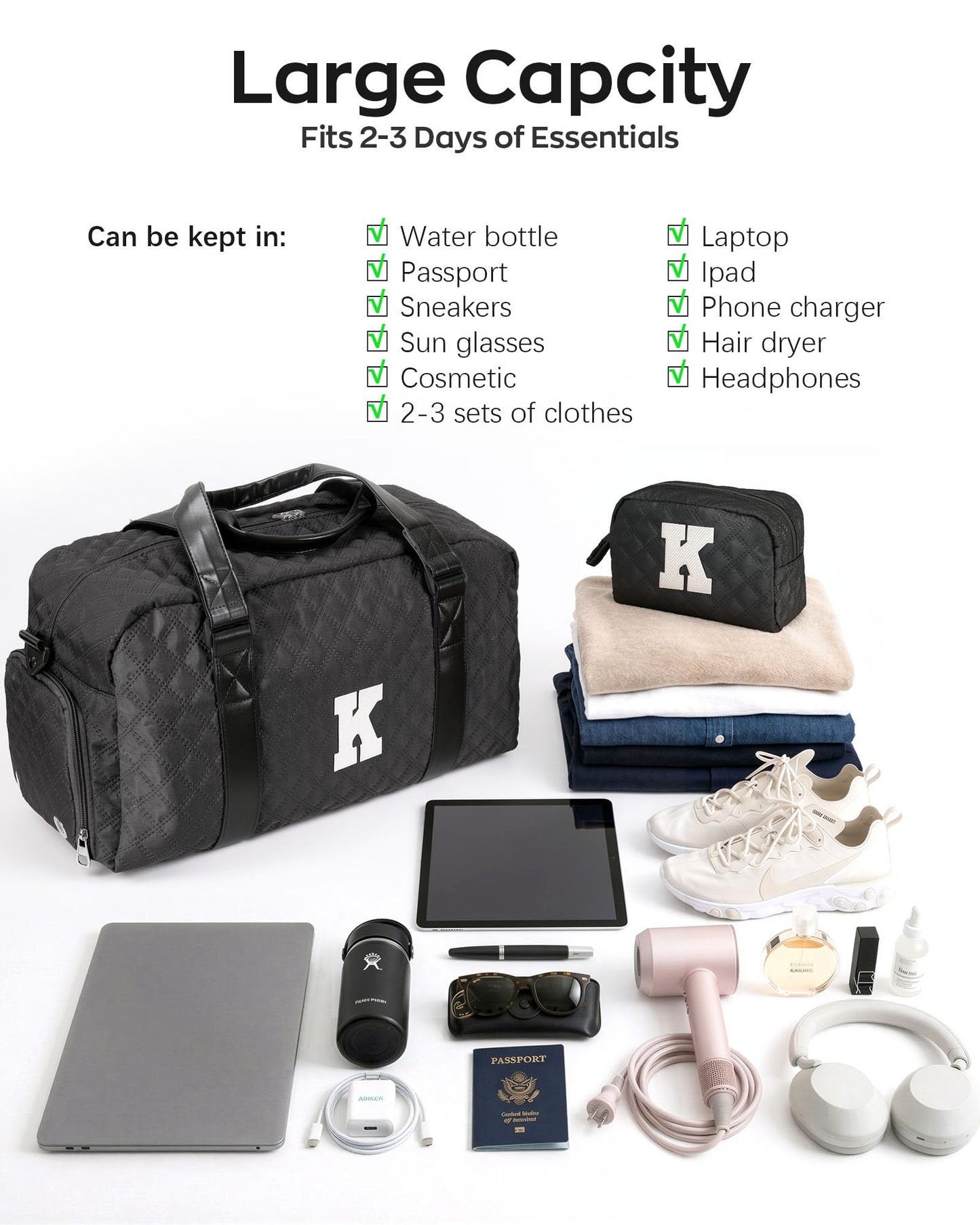 Elilier Women Girl Gifts Travel Duffle Bag: Weekender Overnight Bag with Makeup Bag, Gym Dance Gymnastics bag w Shoe Compartment for Girl Teens, Personalized women gift for Her