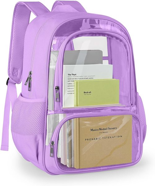 KIMNERPU Clear Backpack - Heavy-Duty Transparent Bookbag with Reinforced Straps | Large Capacity, Purple