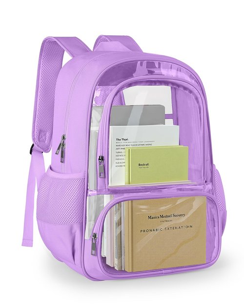 KIMNERPU Clear Backpack, Fabric & PVC Transparent Backpack with Reinforced Strap for Women Men, Heavy Duty Transparent Bookbag, Large Capacity Clear Bag, Travel, Security, Purple