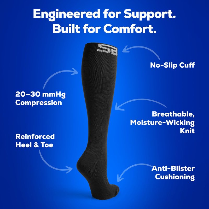 SB SOX Compression Socks for Men & Women (20-30mmHg) – Best Compression Socks for Flying, Medical, Sports, Wide Calf Fit, and Daily Wear (Solid Black, XX-Large)