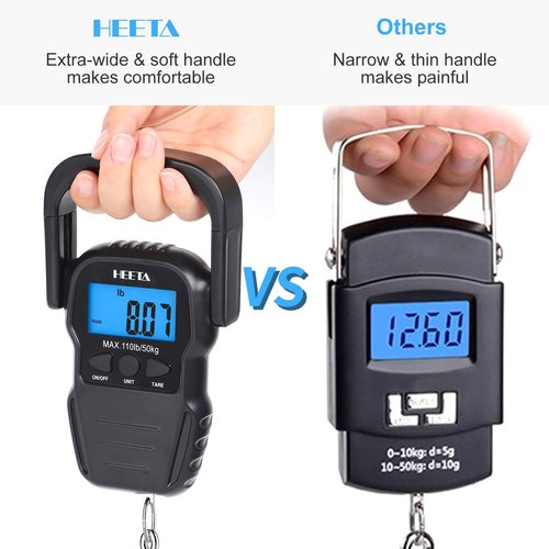 HEETA Digital Fish Scale - Backlit LCD Display, 110lb Capacity, Includes Hook & Measuring Tape