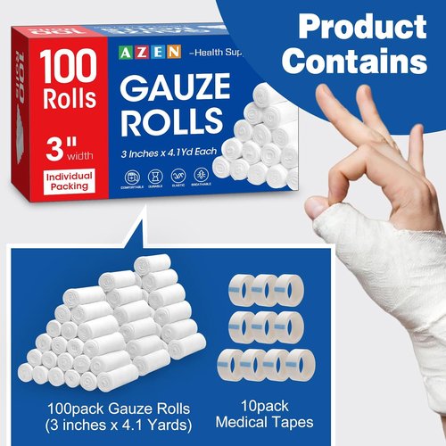 AZEN Gauze Rolls Bandages - 100 Pack, 3" x 4.1 Yards | Premium First Aid & Medical Supplies