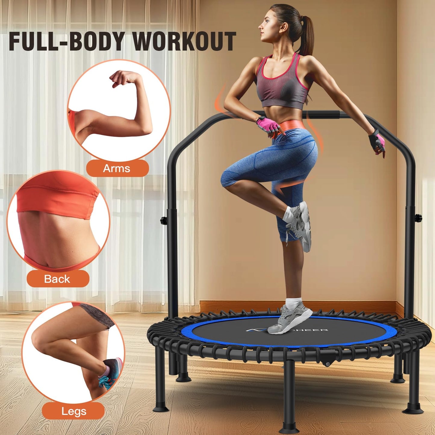 ANCHEER 40" Foldable Rebounder Trampoline for Adults/Kids with Resistance Bands and Bungees, Fitness Home, Indoor & Outdoor Mini Trampoline with Bar and Safety Padding - Max Load 330lbs (Blue)