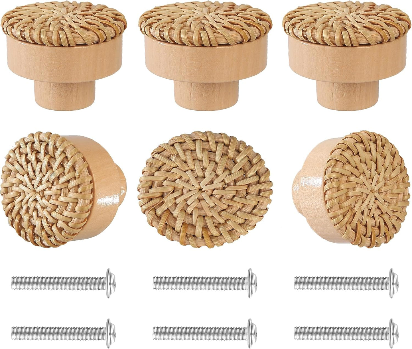Wcatea 6 Pack Boho Dresser Knobs and Screws Diameter 1.6in Made of a Combination Durable Beech Wood and Hand Woven Rattan Pieces