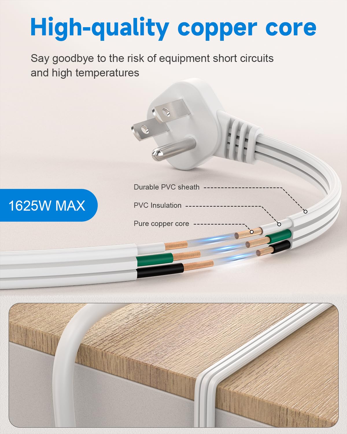 Flat Plug Short Extension Cord 1Ft White Low Profile Adapter 3 Prong Indoor Small Grounded Power Cable Outlet Saver 16AWG 13A 1625W 2 Pack