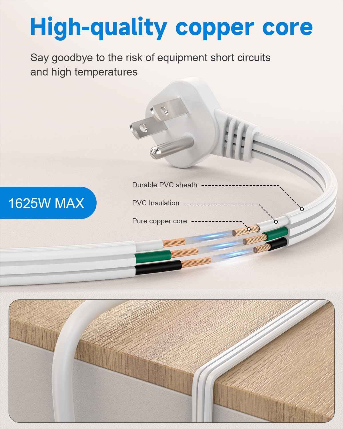 Flat Plug Short Extension Cord 1Ft White Low Profile Adapter 3 Prong Indoor Small Grounded Power Cable Outlet Saver 16AWG 13A 1625W 6 Pack
