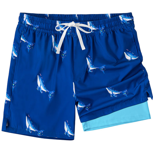 XOMZG Men's Swim Trunks, 2 in 1 Bathing Suits Quick Dry Beach Hawaiian Board Shorts with Pockets