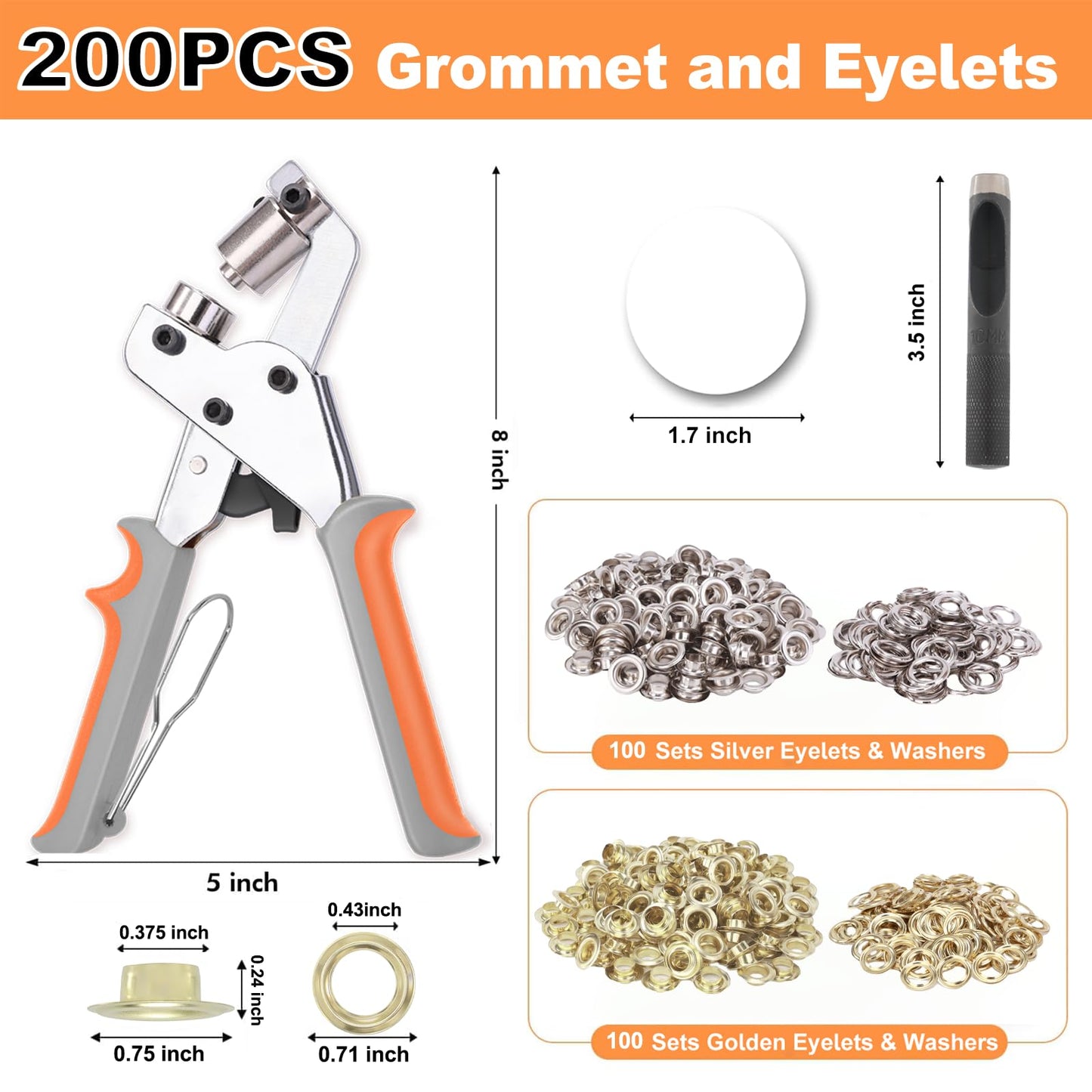 ZAPSIFOU Grommet Tool Kit with 200 pcs 3/8 Inch 10mm Grommets, Heavy Duty Grommet Kit, Grommets Pucher with Hole Punch and Eyelets, Eyelet Pliers Kit for Tarp, Fabric, Banner, Canvas