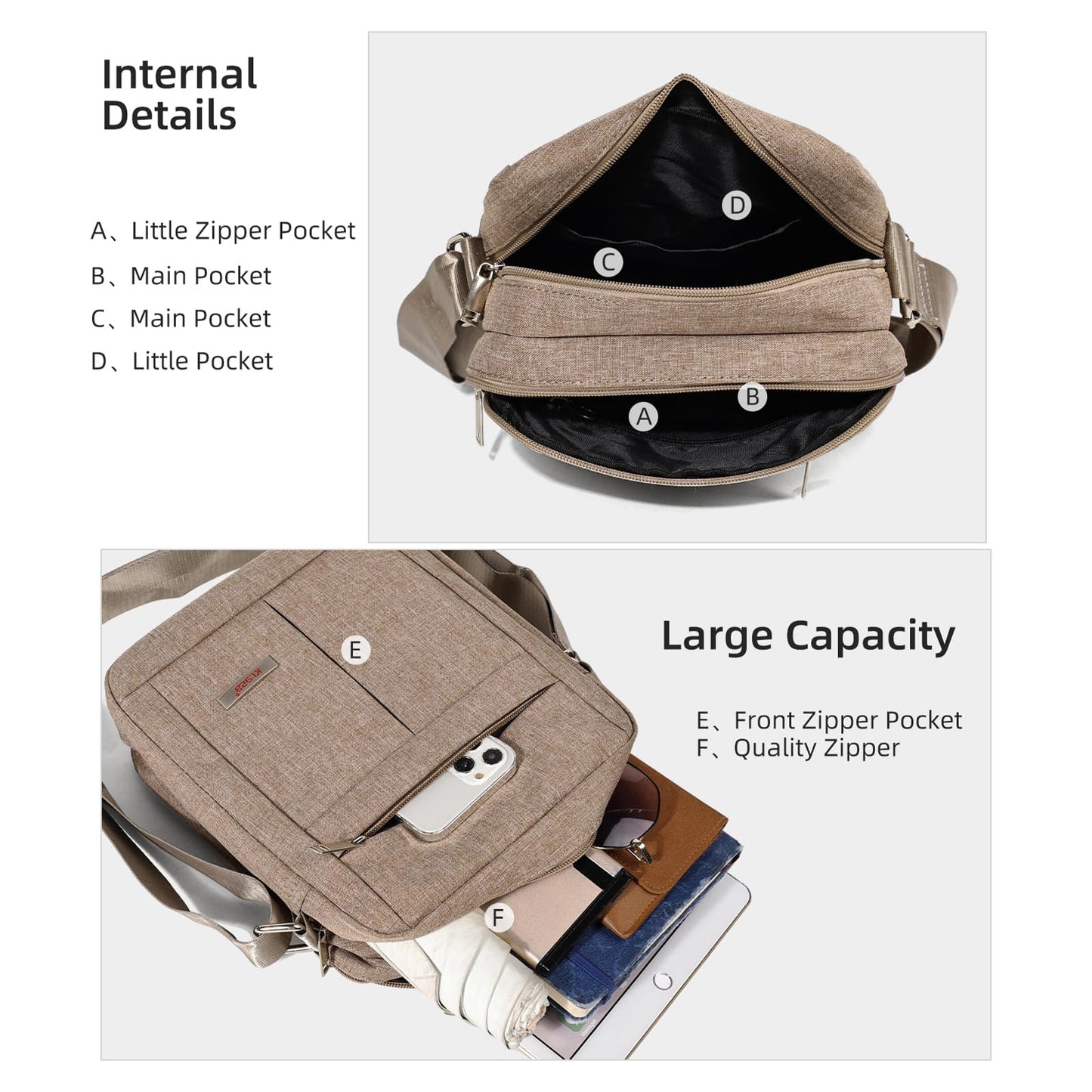 KL928 Men's Messenger Bag - Crossbody Shoulder Bags Travel Bag Man Purse Casual Sling Pack for Work Business (Khaki)