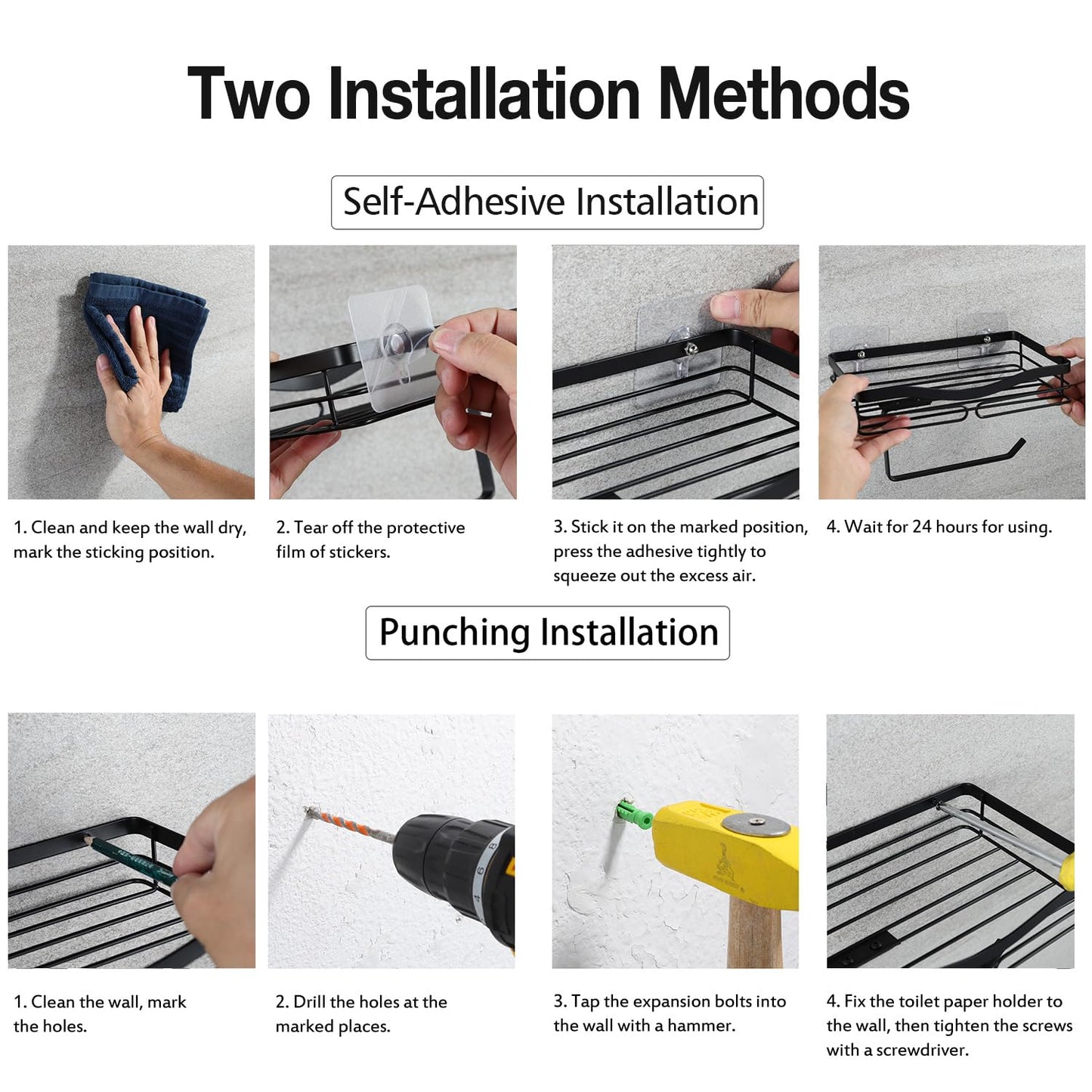 Adhesive Toilet Paper Holder Shelf - Wipes Storage Without Drilling, Stick on Toilet Paper Roll Holder, Waterproof Black