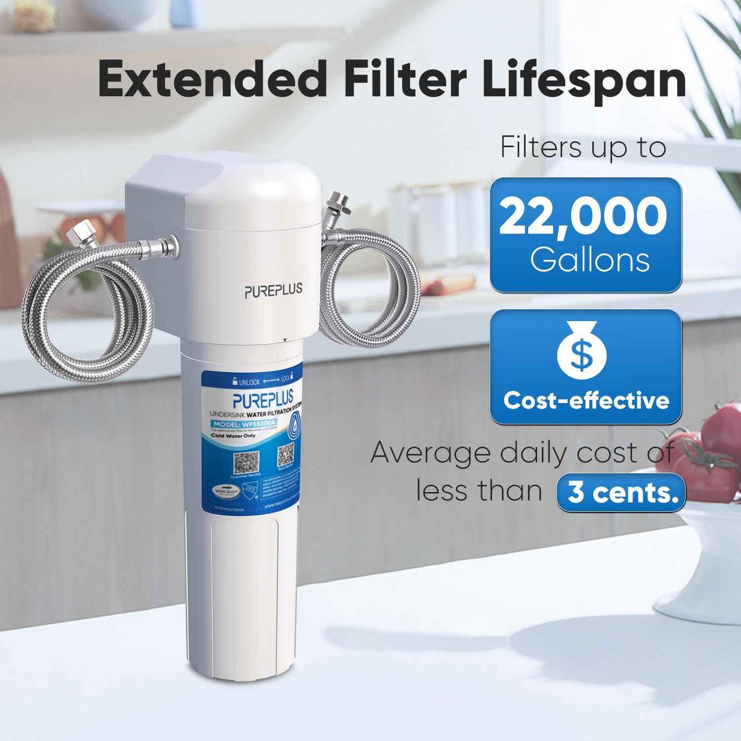 PUREPLUS Under Sink Water Filter System, 22000 Gallons, 99.99% Chlorine Reduction, NSF/ANSI 42 Certified,Removes Heavy Metals,Chlorine, Direct Connect Under Counter Water Filtration System