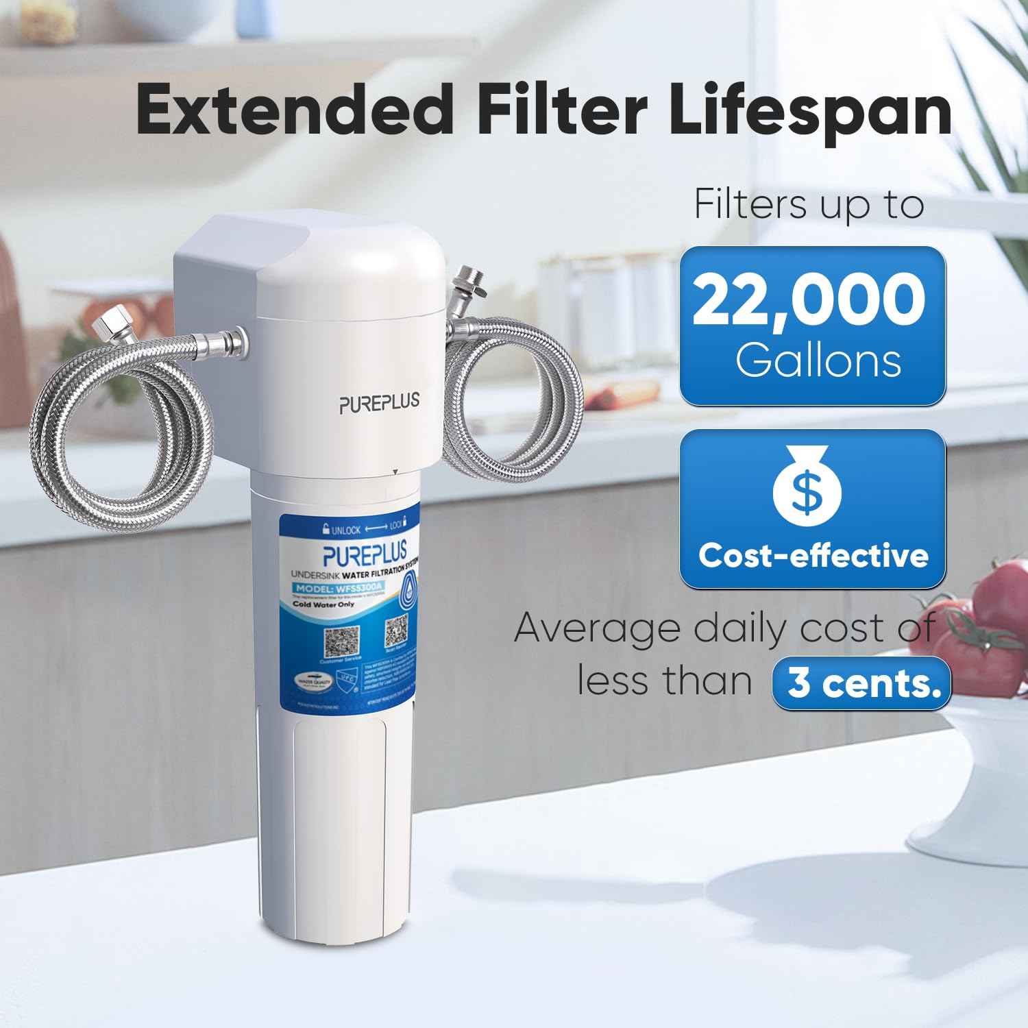 PUREPLUS Under Sink Water Filter System, 22000 Gallons, 99.99% Chlorine Reduction, NSF/ANSI 42 Certified,Removes Heavy Metals,Chlorine, Direct Connect Under Counter Water Filtration System