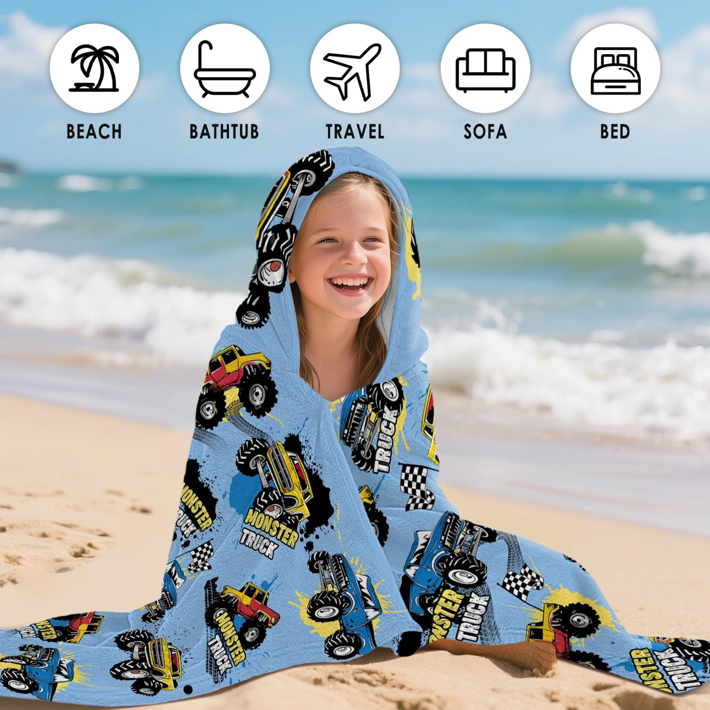 Fiwbnasz Truck Hooded Beach Towel for Kids, Monster Hooded Towels for Toddlers 30" x 50", Kids Beach Towels for Pool, Travel, Swim, Cars Wearable Bath Towel for Boys, Teens