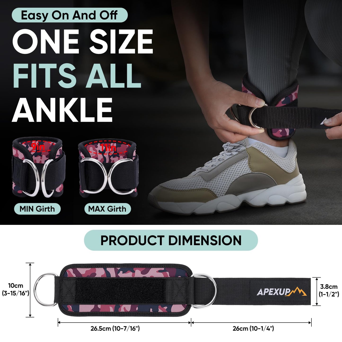 APEXUP Ankle Strap for Cable Machine, Ankle Resistance Bands, Cable Kick Back Straps for Gym, Glute Workouts, Leg Extensions, Adjustable Straps with Neoprene Padding (Single, Pink Camo)