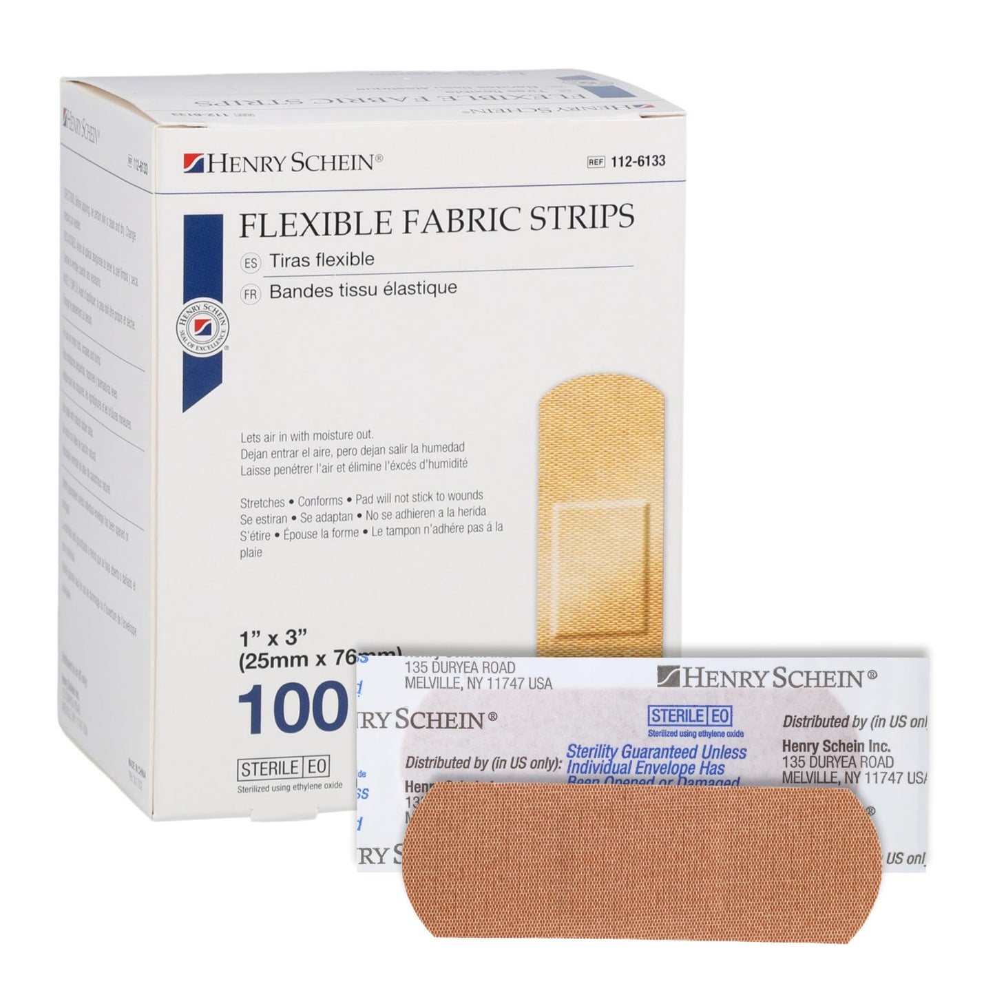 Henry Schein Adhesive Fabric Strip Bandages 1" x 3", Sterile, 100 Ct