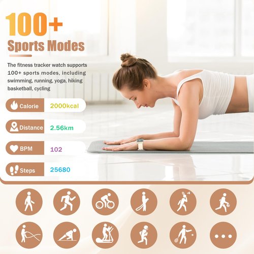 Health Fitness Tracker Watch for Women Men, IP68 Waterproof Activity Tracker with Calorie and Sleep Monitor, 110+ Sports Modes Pedometer Smart Watch，Step Counter Compatible with iPhone Android (Gold)