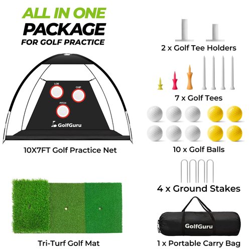 Golfguru Golf Net, 10x7ft All in 1 Practice Net with Pro Chipping Target, Tri-Turf Mat, 10 Balls, 7 Tees, 2 Rubber Tees, Carry Bag, Golf Net for Backyard Driving Chipping