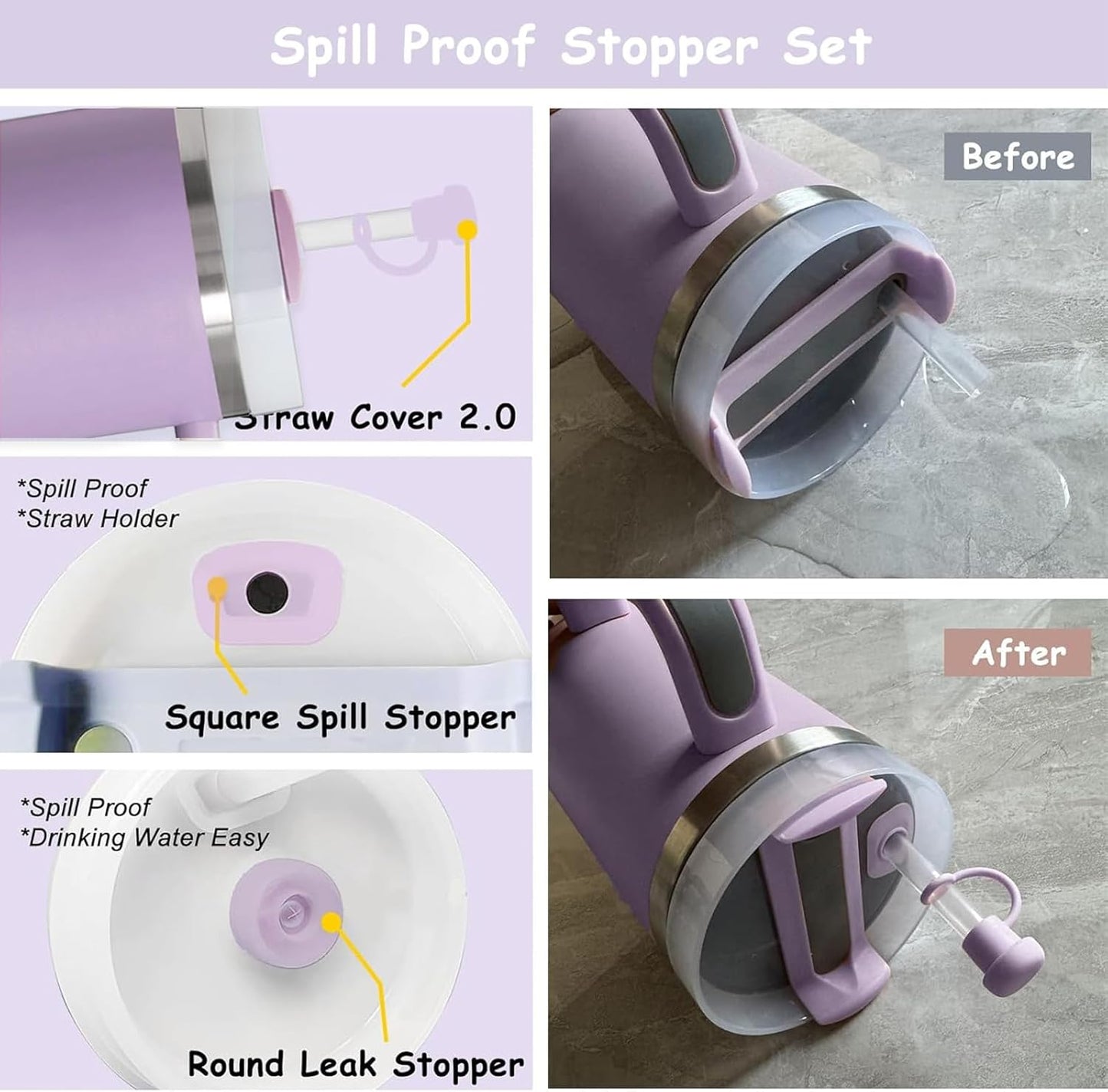Stanley Cup Accessories Set - 2 Straw Covers, 1 Spill-Proof Stopper & 1 Flower Handle Charm | Fits 30 & 40 Oz Tumblers (Purple)