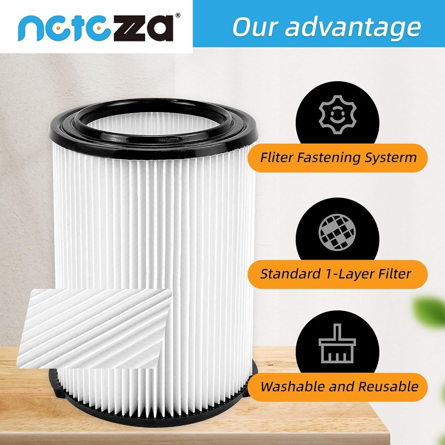 Netezza VF4000 Replacement for ridgd 72947 Standard Wet dry Vac 5-20 Gallon Vacuum Cleaner, Husky 6-9 Gallon with 4 pack Foam Sleeve,2 Pack VF4000 Filter and 1 Pack Brush