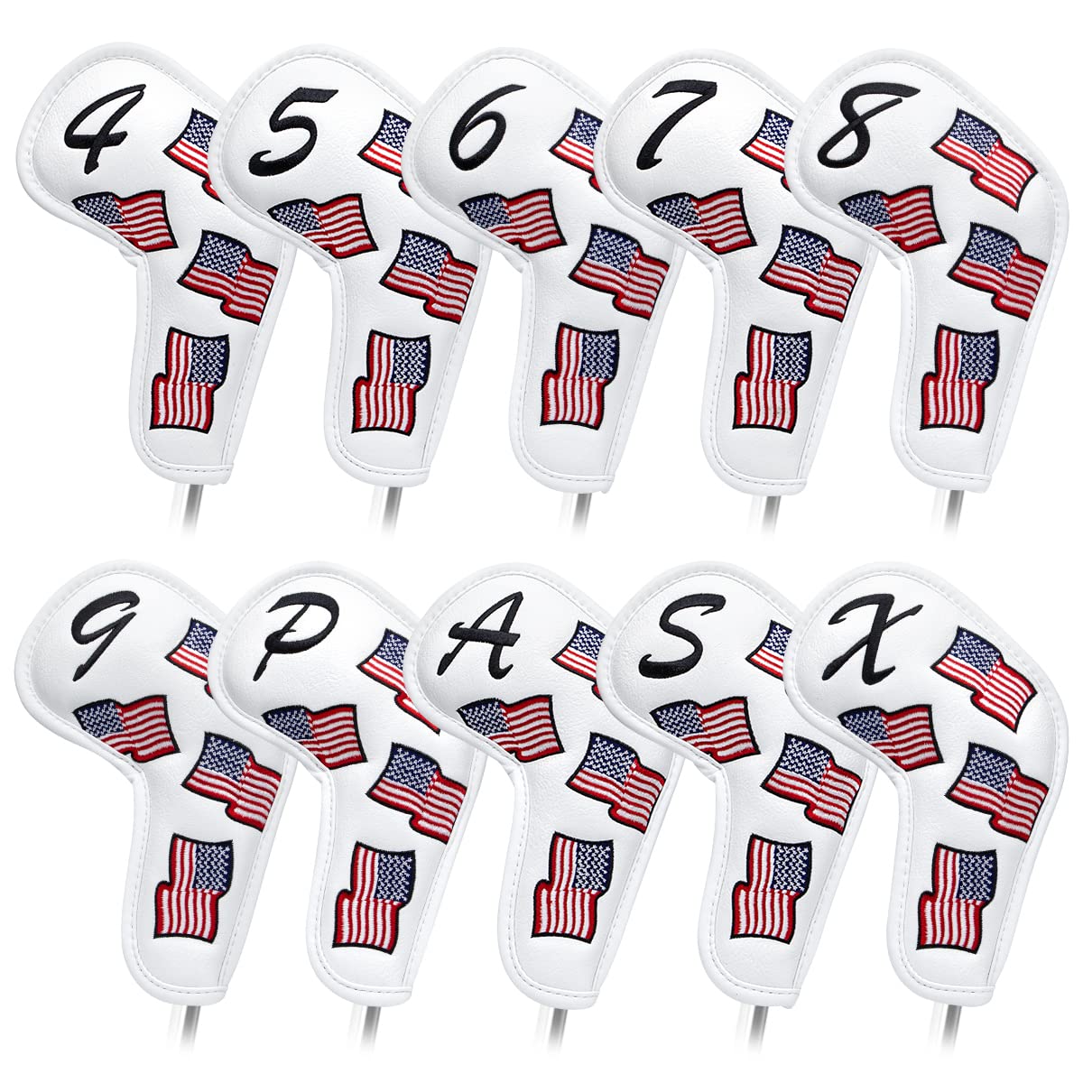 US Flag Golf Iron Covers Headcovers - 10pcs Patriotism Golf Club Covers for Irons - White Synthetic Leather Golf Iron Wedge Head Covers fits for PXG, Taylormade, Mizuno JPX MP, Etc.