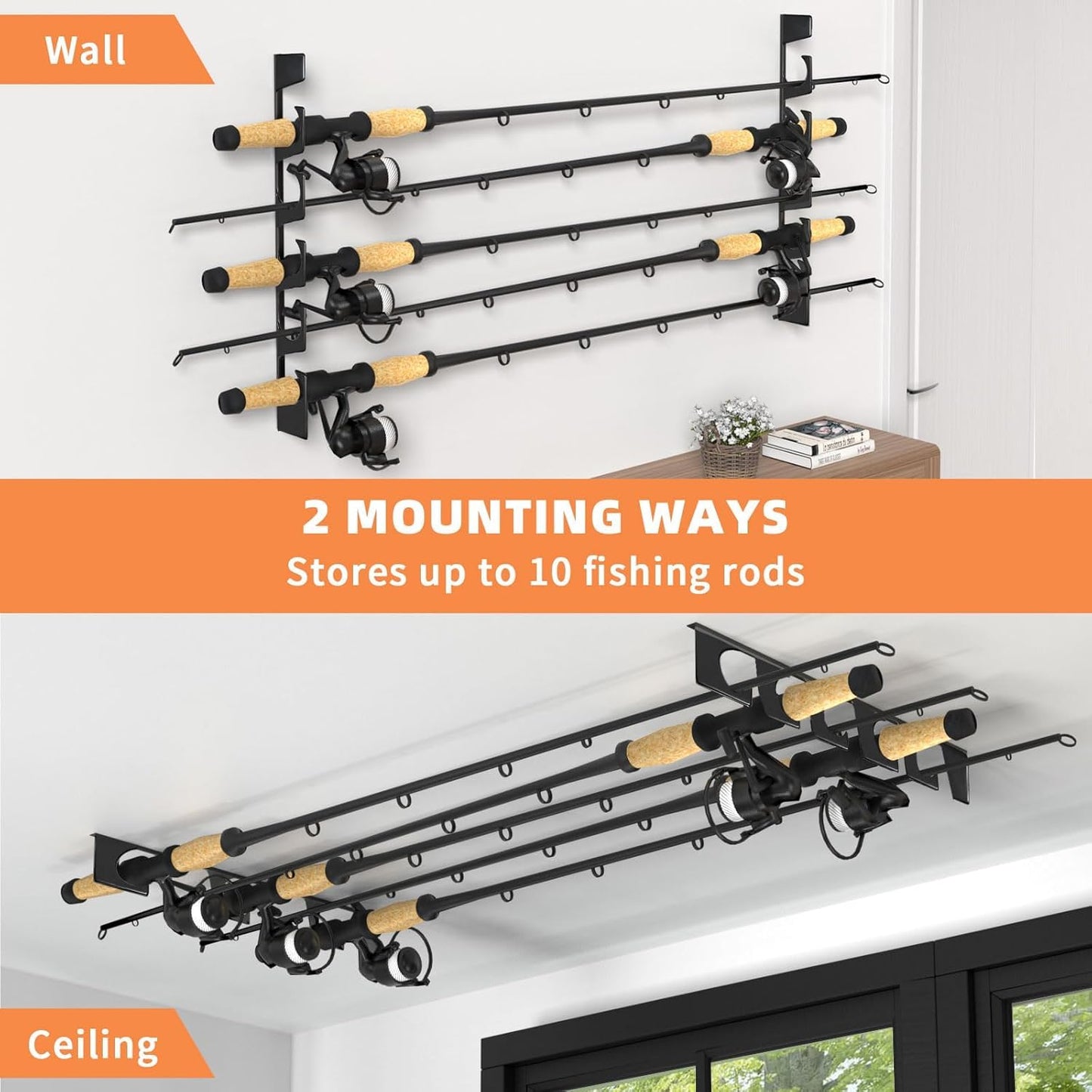 Syznoctil Fishing Pole Rod Racks Wall or Ceiling Mounted Fishing Pole Rod Holders for Garage Storage Organizer Fishing Gear Equipment for Men Women