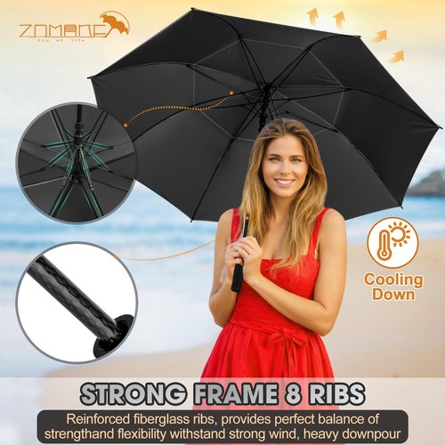 ZOMAKE Large Golf Umbrella UV Potection,62 Inch UV Blocking SPF Umbrellas for Sun Protection Windproof Heavy Duty Vented Double Canopy(Silver,Black)