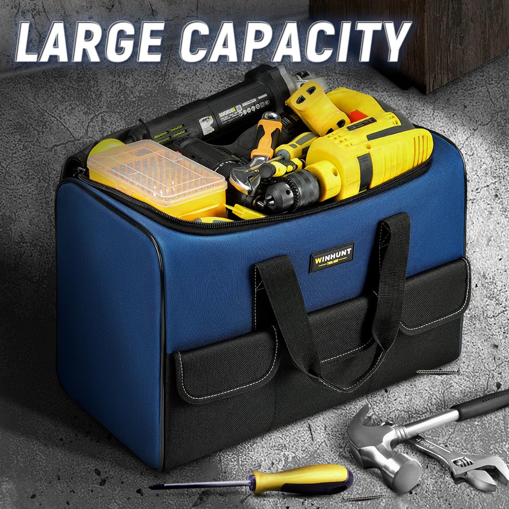 WINHUNT Large Tool Bag, 1680 Denier with 5 Exterior Pockets Electrician Tool Bag, Ideal for DIY Enthusiasts and Craftsmen Tool Bags for Men Heavy Duty, Blue